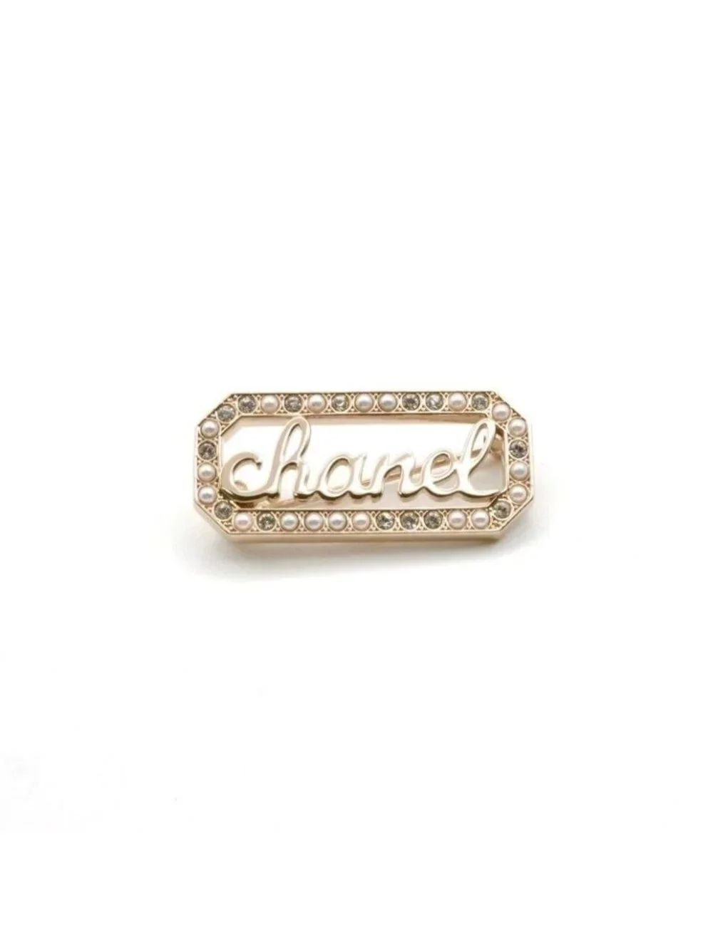 Chanel Brooch Corsage Gold Logo Rhinestone